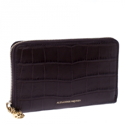 Alexander McQueen Burgundy Croc Embossed Leather Zip Around Wallet