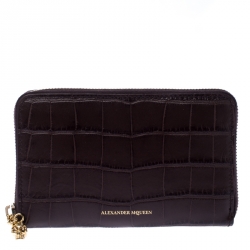 Alexander McQueen Burgundy Croc Embossed Leather Zip Around Wallet