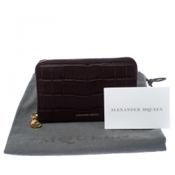 Alexander McQueen Burgundy Croc Embossed Leather Zip Around Wallet