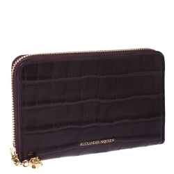 Alexander McQueen Burgundy Croc Embossed Leather Zip Around Wallet
