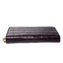 Alexander McQueen Burgundy Croc Embossed Leather Zip Around Wallet