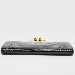 Pre Owned Alexander McQueen Black Croc Embossed Glossy Leather Knuckle Clutch