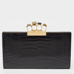 Pre Owned Alexander McQueen Black Croc Embossed Glossy Leather Knuckle Clutch