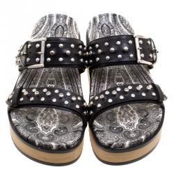 Pre Owned Alexander McQueen Black Studded Leather Paisley Platform Slides Size 38