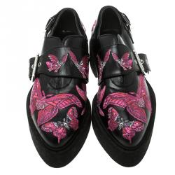 Pre Owned Alexander McQueen Black Butterfly Embroidered Leather Monk Strap Platform Loafers Size 37