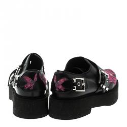 Pre Owned Alexander McQueen Black Butterfly Embroidered Leather Monk Strap Platform Loafers Size 37