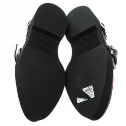 Pre Owned Alexander McQueen Black Butterfly Embroidered Leather Monk Strap Platform Loafers Size 37