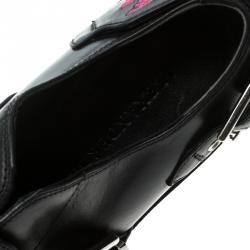 Pre Owned Alexander McQueen Black Butterfly Embroidered Leather Monk Strap Platform Loafers Size 37