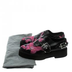 Pre Owned Alexander McQueen Black Butterfly Embroidered Leather Monk Strap Platform Loafers Size 37