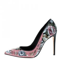 Pre Owned Alexander McQueen Multicolor Floral Print Patch and Embroidered Leather Pointed Toe Pumps Size 37