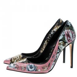 Pre Owned Alexander McQueen Multicolor Floral Print Patch and Embroidered Leather Pointed Toe Pumps Size 37