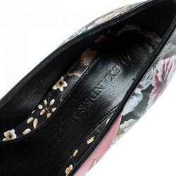 Pre Owned Alexander McQueen Multicolor Floral Print Patch and Embroidered Leather Pointed Toe Pumps Size 37