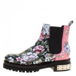 Pre Owned Alexander McQueen Multicolor Floral Print Patch and Embroidered Leather Chelsea Boots Size 37