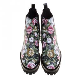 Pre Owned Alexander McQueen Multicolor Floral Print Patch and Embroidered Leather Chelsea Boots Size 37