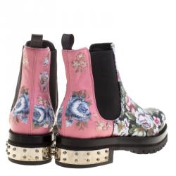 Pre Owned Alexander McQueen Multicolor Floral Print Patch and Embroidered Leather Chelsea Boots Size 37