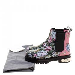 Pre Owned Alexander McQueen Multicolor Floral Print Patch and Embroidered Leather Chelsea Boots Size 37