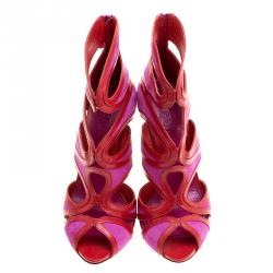 Pre Owned Alexander McQueen Two Tone Suede and Leather Cut Out Peep Toe Sandals Size 38.5