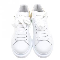 Pre Owned Alexander McQueen White Leather with Metallic Gold Leather Trim Platform Sneakers Size 38
