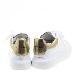 Pre Owned Alexander McQueen White Leather with Metallic Gold Leather Trim Platform Sneakers Size 38