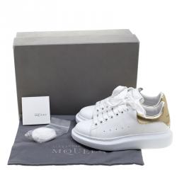 Pre Owned Alexander McQueen White Leather with Metallic Gold Leather Trim Platform Sneakers Size 38
