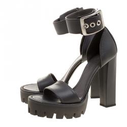 Pre Owned Alexander McQueen Grey Leather Ankle Strap Platform Sandals Size 39