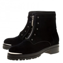 Pre Owned Alexander McQueen Black Velvet Biker Boots Size 41