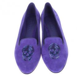 مملوكة مسبقًا Alexander McQueen Purple Velvet Sequin Skull Smoking Slippers Size 39.5