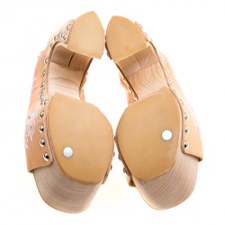 Pre Owned Alexander McQueen Peach Leather Embroidered Slingback Wooden Clogs Size 39