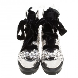 Pre Owned Alexander McQueen Black Suede All Over Crystals Pleat Trim Platform Biker Boots Size 39