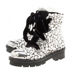 Pre Owned Alexander McQueen Black Suede All Over Crystals Pleat Trim Platform Biker Boots Size 39