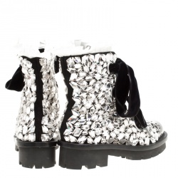 Pre Owned Alexander McQueen Black Suede All Over Crystals Pleat Trim Platform Biker Boots Size 39