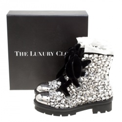 Pre Owned Alexander McQueen Black Suede All Over Crystals Pleat Trim Platform Biker Boots Size 39