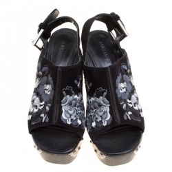 Pre Owned Alexander McQueen Black Floral Embroidered Suede Metal Detail Wood Platform Sandals Size 37