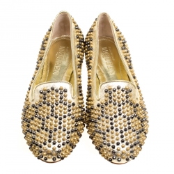 Pre Owned Alexander McQueen Metallic Gold Studded Leather Smoking Slippers Size 40