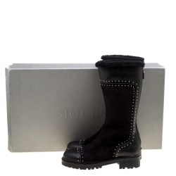 Pre Owned Alexander McQueen Black Suede and Leather Studded Shearling Fur-Lined Mid Calf Boots Size 39