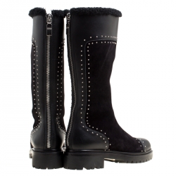 Pre Owned Alexander McQueen Black Suede and Leather Studded Shearling Fur-Lined Mid Calf Boots Size 39