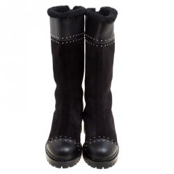 Pre Owned Alexander McQueen Black Suede and Leather Studded Shearling Fur-Lined Mid Calf Boots Size 39