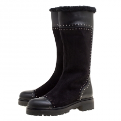 Pre Owned Alexander McQueen Black Suede and Leather Studded Shearling Fur-Lined Mid Calf Boots Size 39