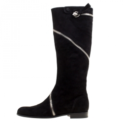 Pre Owned Alexander McQueen Black Suede Spiral Zip Knee Length Boots Size 41