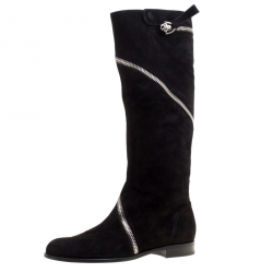 Pre Owned Alexander McQueen Black Suede Spiral Zip Knee Length Boots Size 41