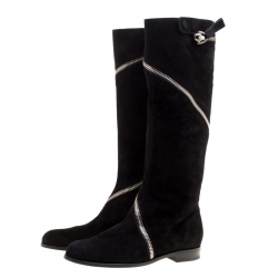 Pre Owned Alexander McQueen Black Suede Spiral Zip Knee Length Boots Size 41