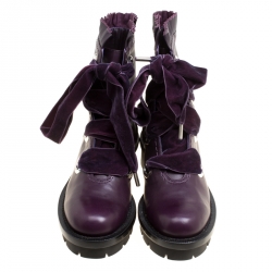 Pre Owned Alexander McQueen Purple Leather Pleat Trim Platform Biker Boots Size 40