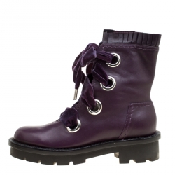 Pre Owned Alexander McQueen Purple Leather Pleat Trim Platform Biker Boots Size 40