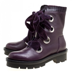 Pre Owned Alexander McQueen Purple Leather Pleat Trim Platform Biker Boots Size 40