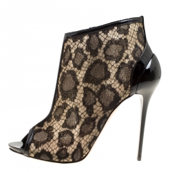 Pre Owned Alexander McQueen Black Lace and Patent Leather Peep Toe Ankle Booties Size 38.5