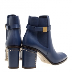 Pre Owned Alexander McQueen Midnight Blue Leather Studded Heel Ankle Boots Size 38