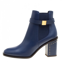 Pre Owned Alexander McQueen Midnight Blue Leather Studded Heel Ankle Boots Size 38