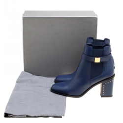 Pre Owned Alexander McQueen Midnight Blue Leather Studded Heel Ankle Boots Size 38