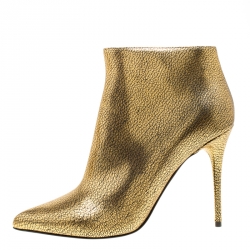 Pre Owned Alexander McQueen Gold Textured Leather Pointed Toe Ankle Booties Size 38