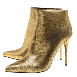 Pre Owned Alexander McQueen Gold Textured Leather Pointed Toe Ankle Booties Size 38